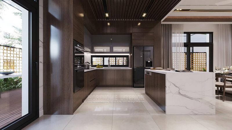 Tủ bếp bằng gỗ óc chó của Starlake Tây Hồ Hà Nội mang đến vẻ đẹp đẳng cấp cho biệt thự.
