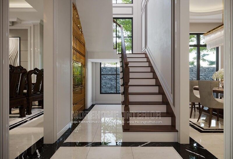 Cầu thang gỗ tự nhiên có vẻ đẹp sang trọng và ấn tượng mạnh mẽ từ các bậc, trụ và tay vịn cao cấp.